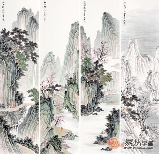 王宁新作写意国画山水四条屏作品《溪山雅居》