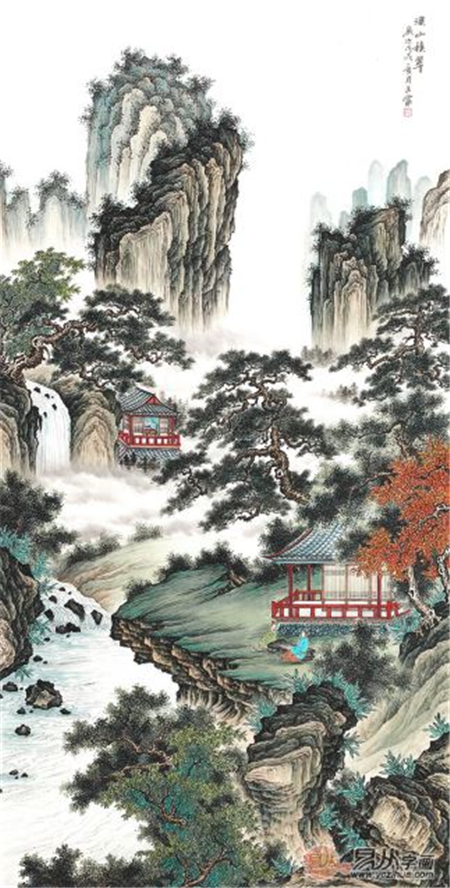 青绿山水画精品 王宁四尺竖幅佳作《溪山积翠》