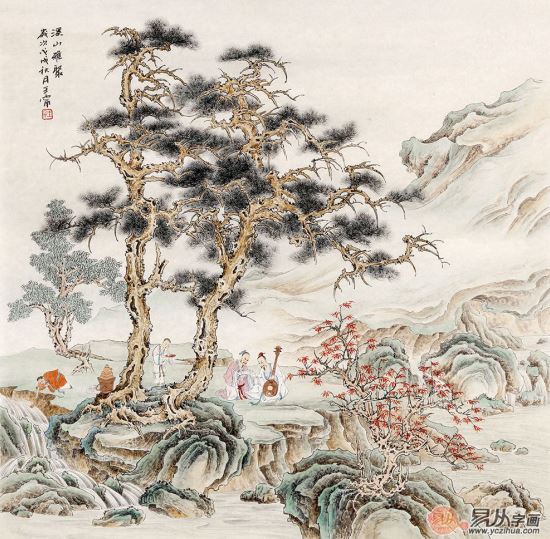 王宁最新力作仿古斗方画《溪山雅聚》